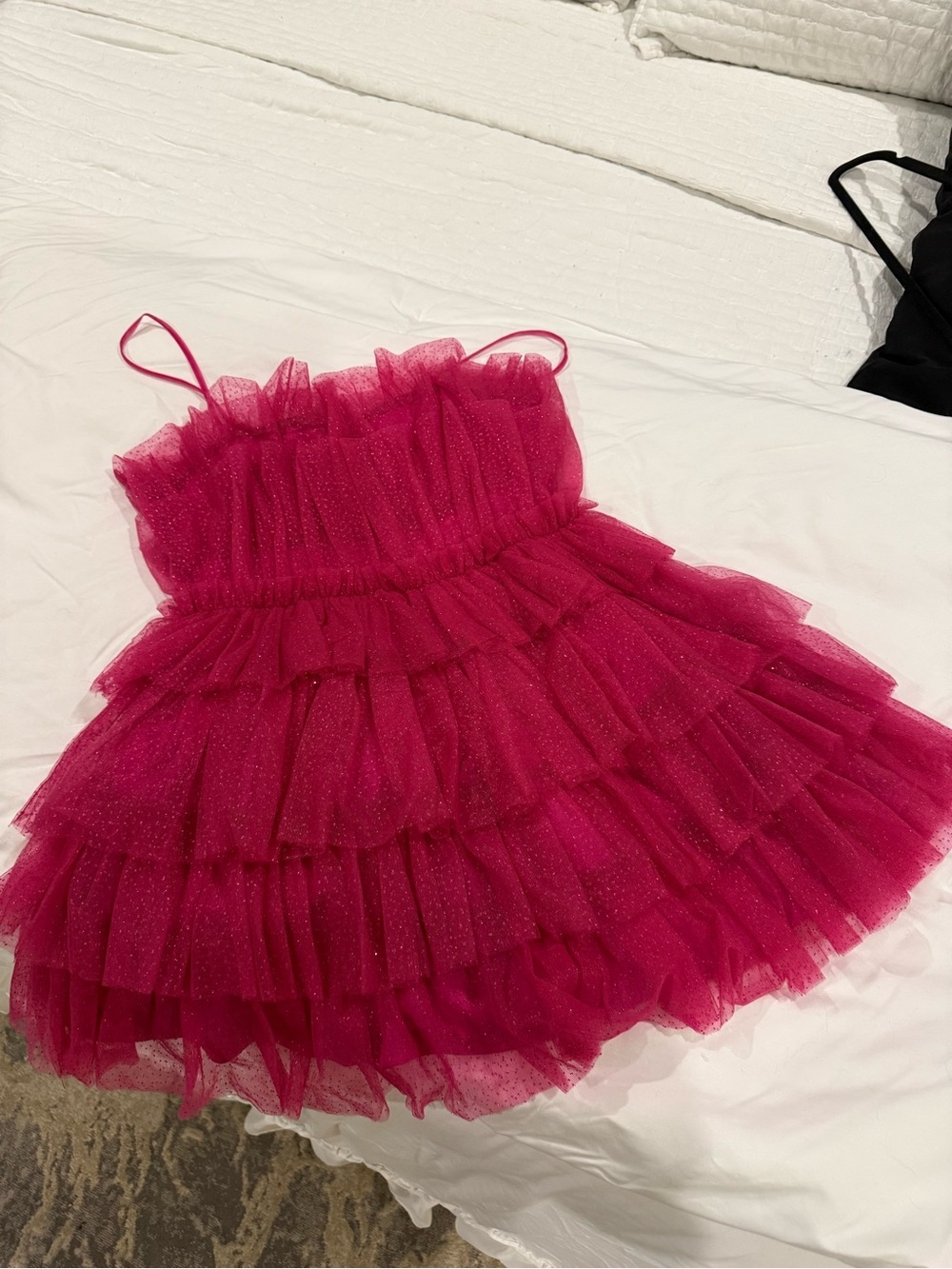 Storia Glitter Tulle Tiered Mini Dress Magenta Sz M NWT